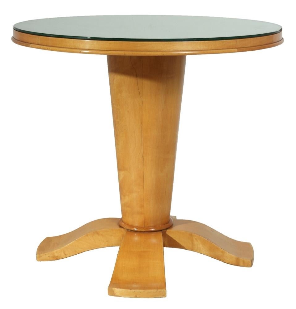 A satin birch single pedestal side table with mirrored top, possibly Jules Leleu, original mirror with marks and light scratches can be replaced if necessary. The base in very good condition and has been fully hand polished.