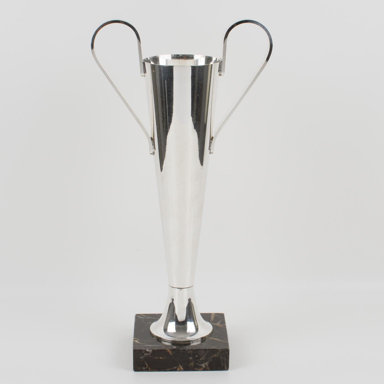 An elegant French Art Deco tall silver plate vase designed with wide handles on a marble base. This vase could be a trophy. This vessel has a streamlined tulip shape ornate with sturdy handles and stands on a square black Portor marble base. There