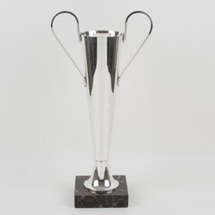 French Art Deco Tall Silver Plate Vase with Handles on Marble Base, 1930s