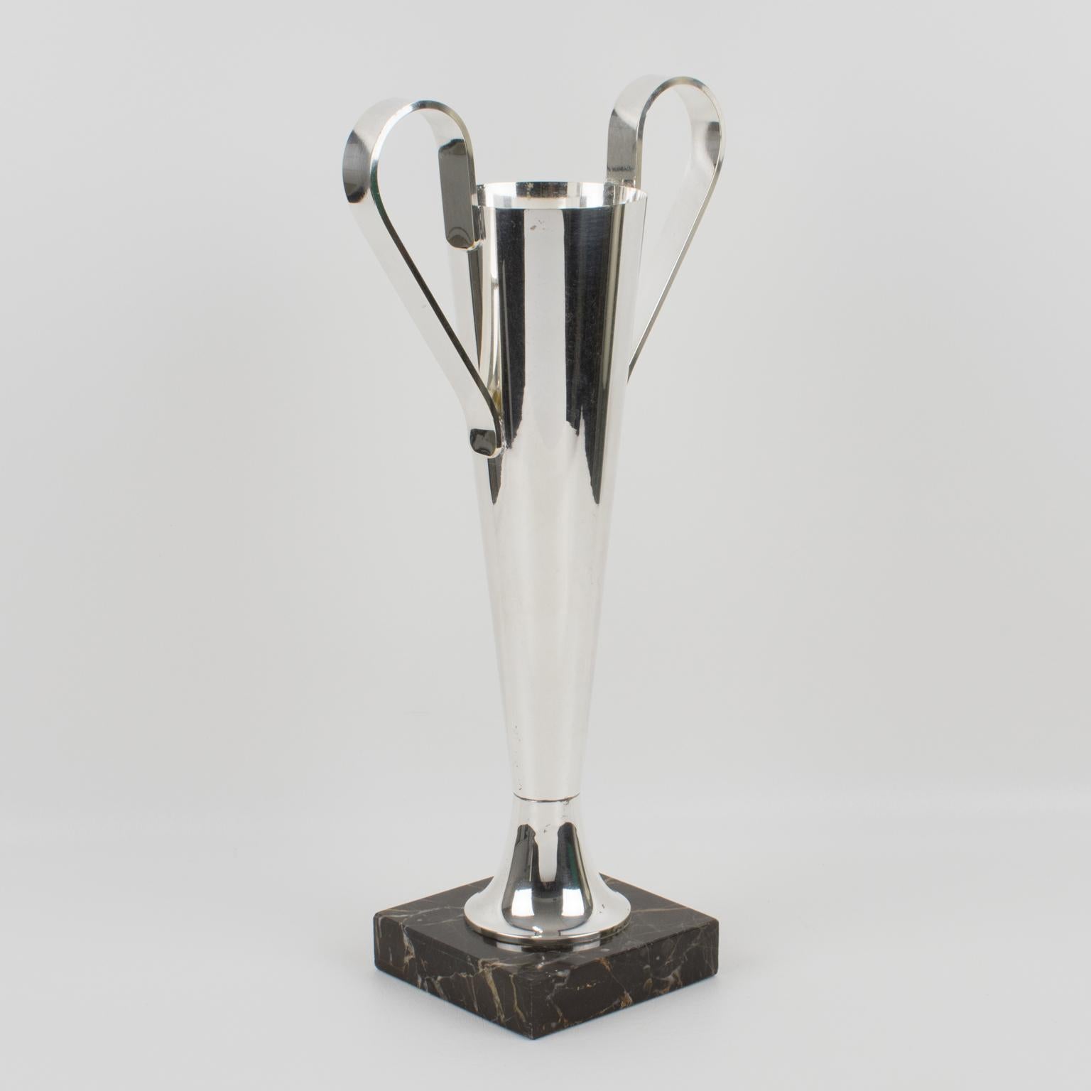 French Art Deco Tall Silver Plate Vase with Handles on Marble Base, 1930s In Good Condition In Atlanta, GA