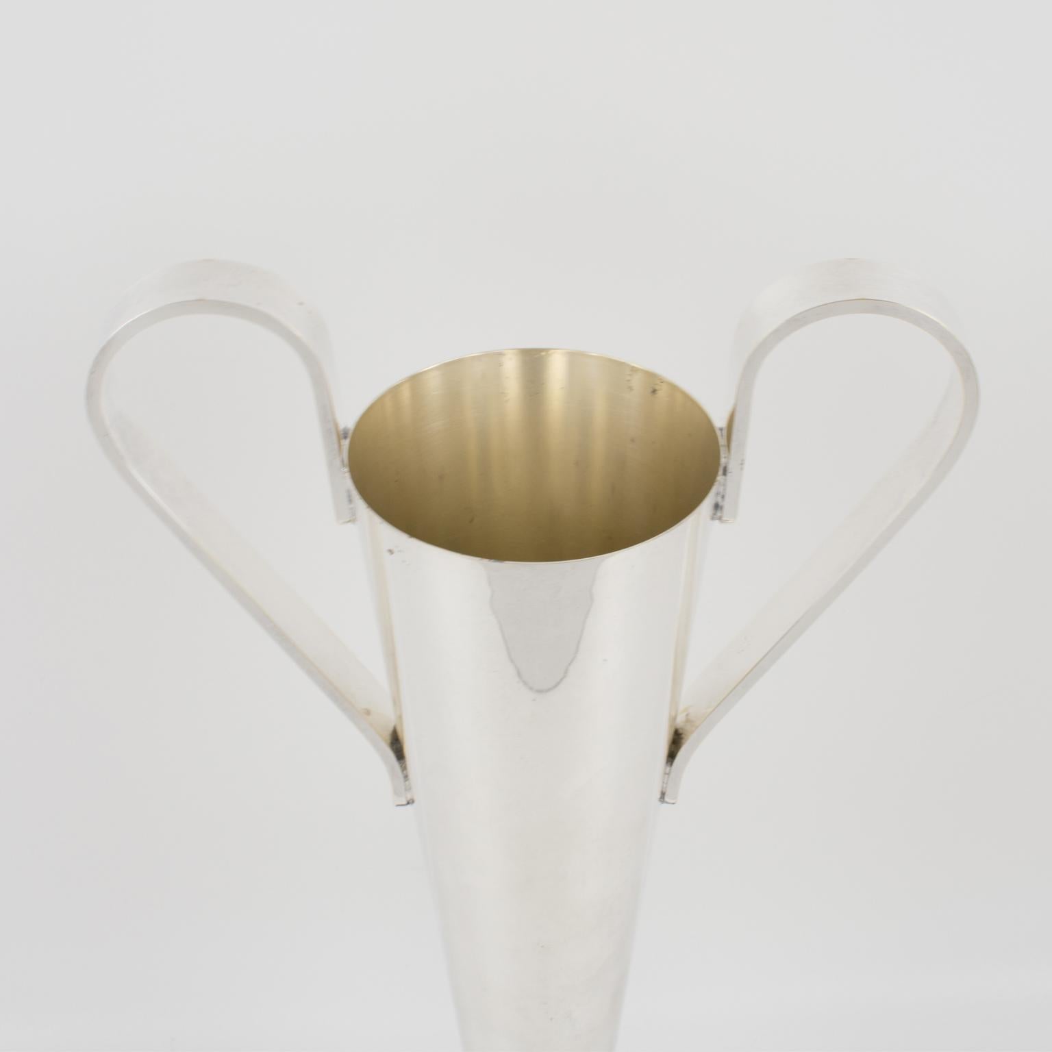 French Art Deco Tall Silver Plate Vase with Handles on Marble Base, 1930s 1