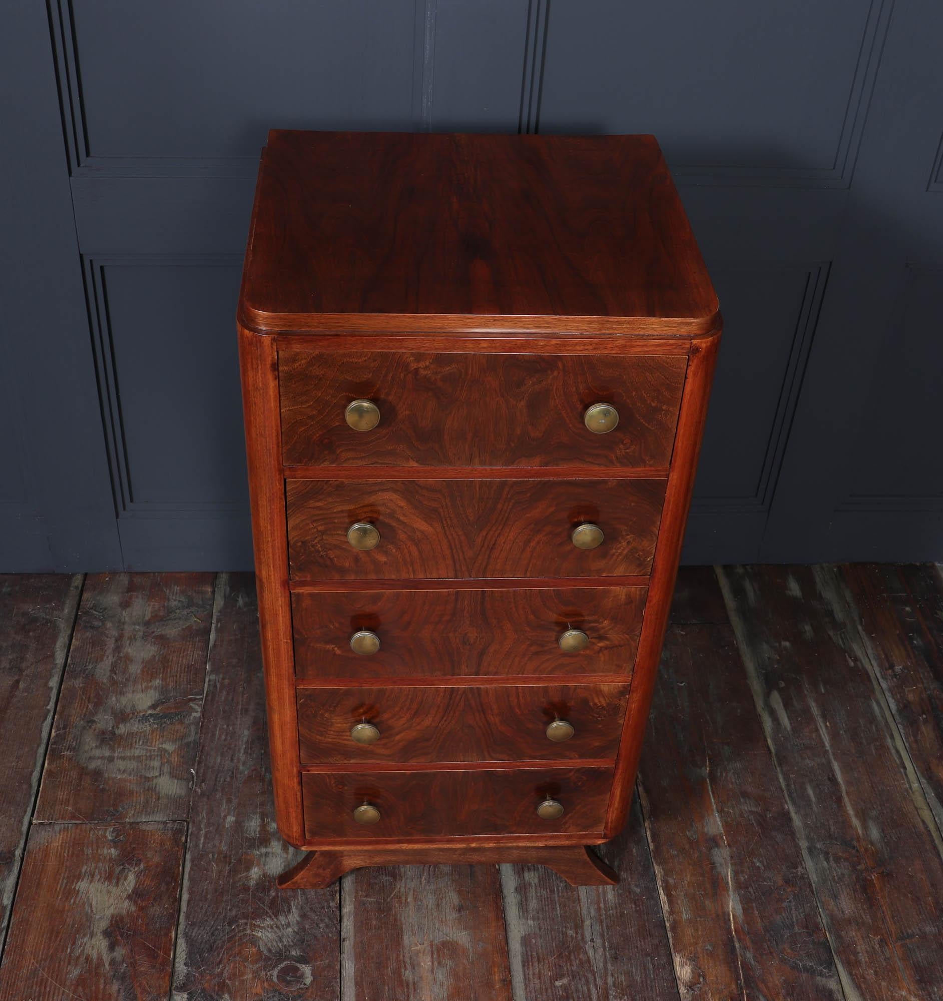 Walnut French Art Deco Tall Slim Chest of Drawers
