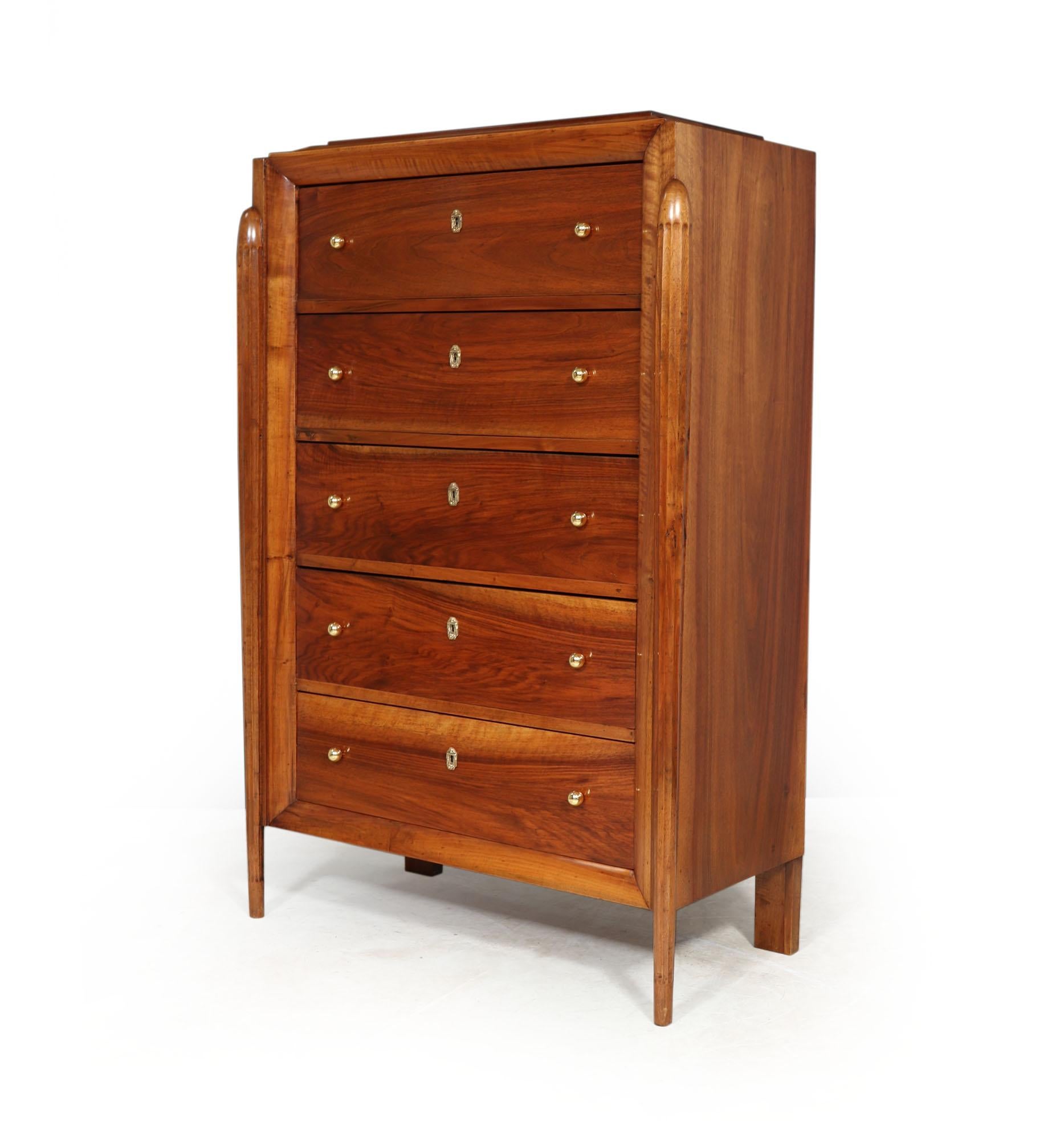Early 20th Century French Art Deco Tall Walnut Chest of Drawers
