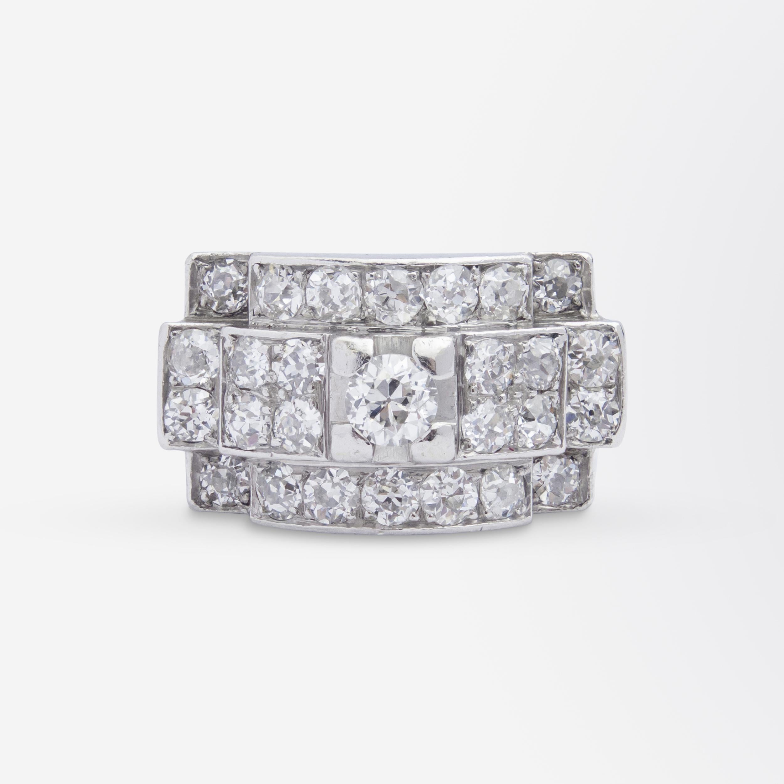 Old European Cut French Art Deco 'Tank' Ring in Platinum & Diamonds For Sale