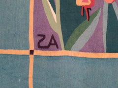 French Art Deco Tapestry Rug with Tulips Signed AS