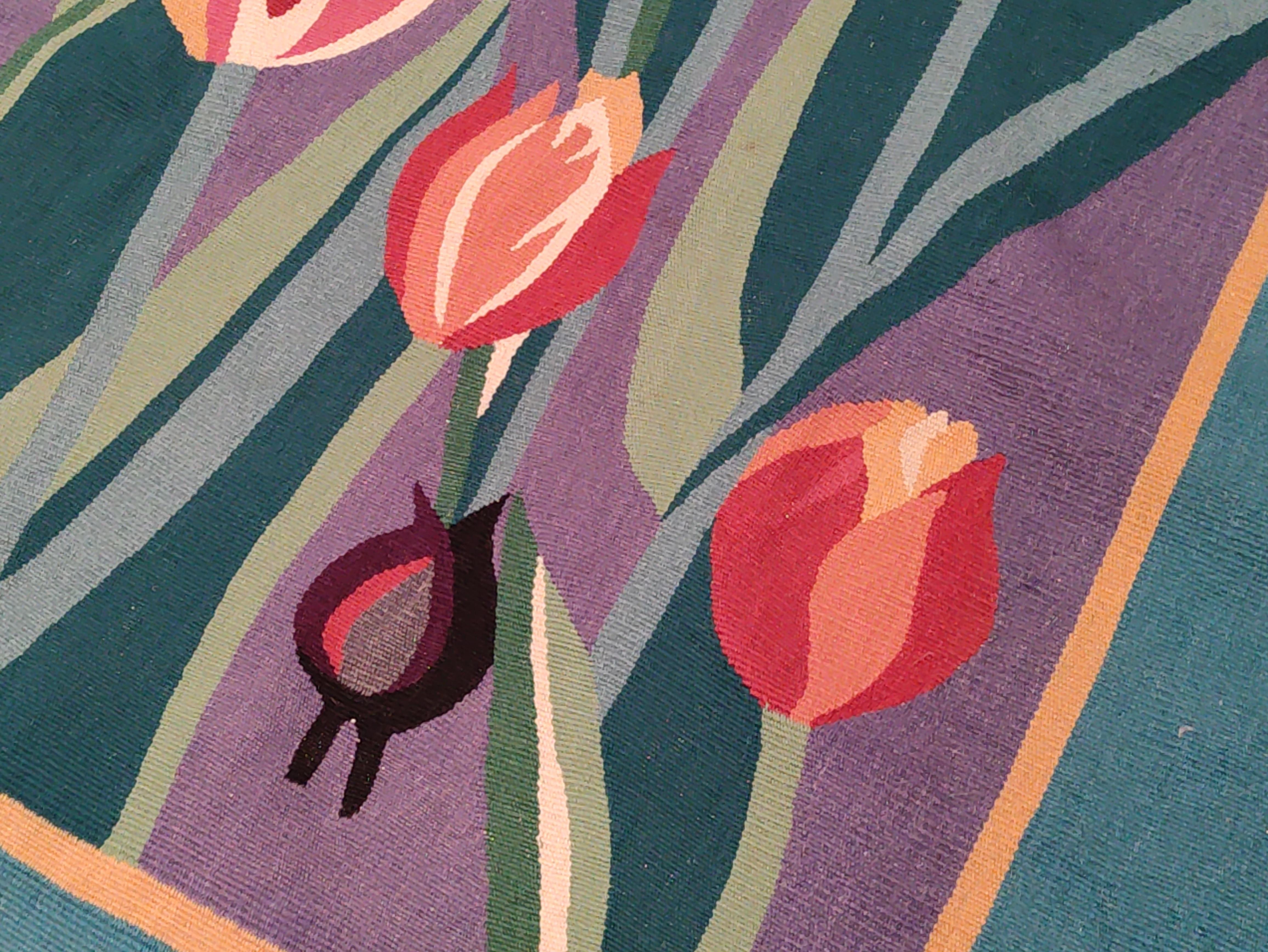 Hand-Woven French Art Deco Tapestry Rug with Tulips Signed AS For Sale