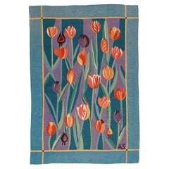 French Art Deco Tapestry Rug with Tulips Signed AS