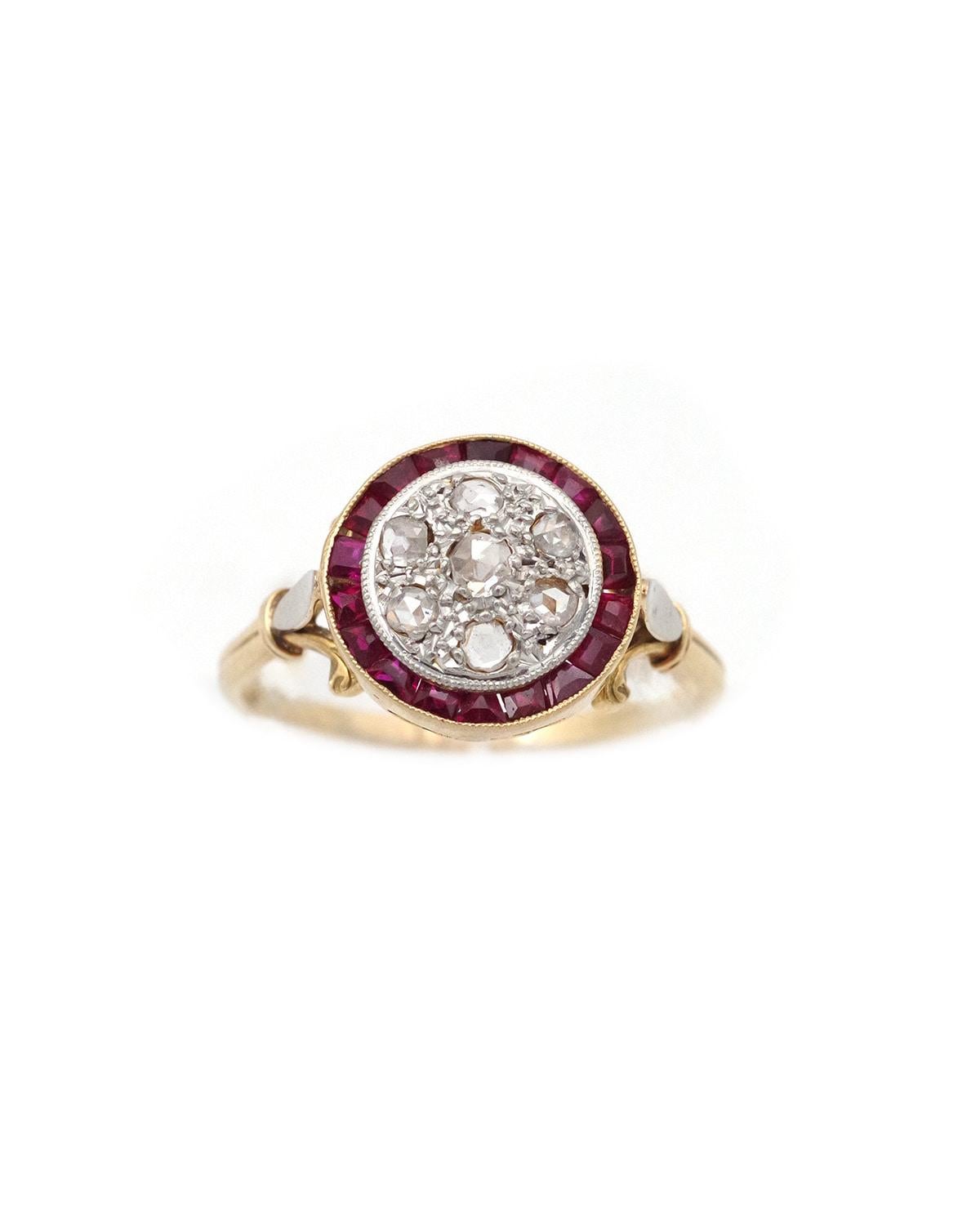 Rose Cut French Art Deco target ruby diamond ring, round Edwardian antique ring For Sale