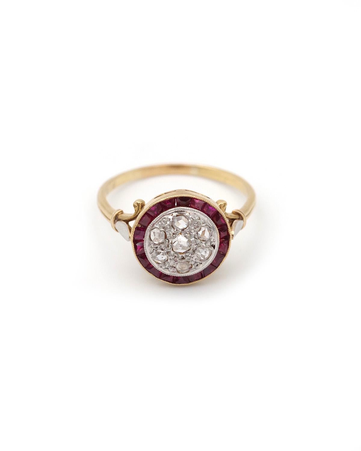 Women's French Art Deco target ruby diamond ring, round Edwardian antique ring For Sale