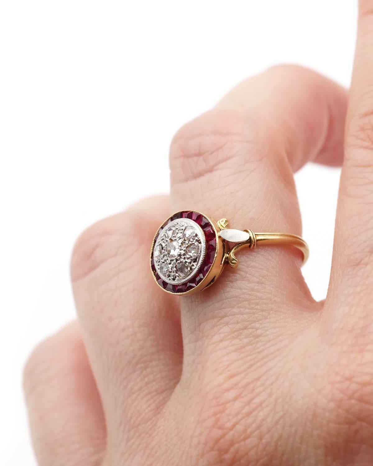 French Art Deco target ruby diamond ring, round Edwardian antique ring For Sale 2