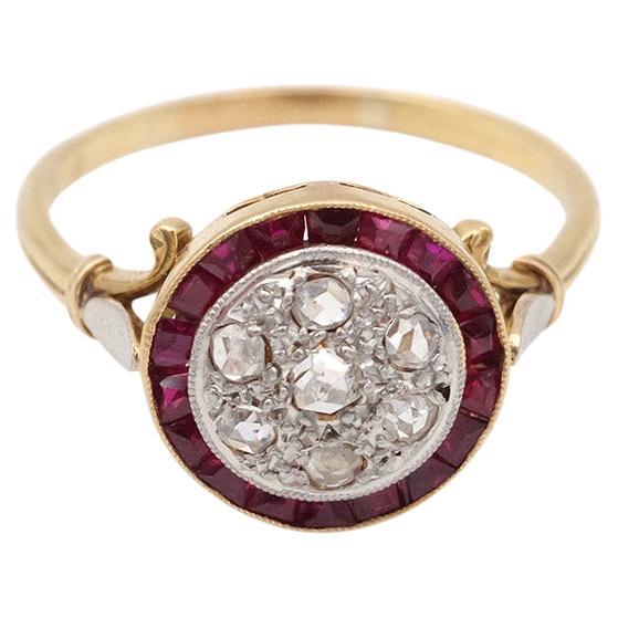 French Art Deco target ruby diamond ring, round Edwardian antique ring For Sale