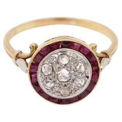French Art Deco target ruby diamond ring, round Edwardian antique ring