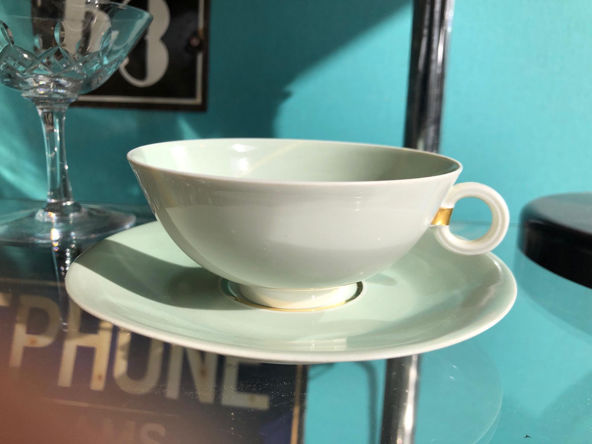 Made in very fine porcelain from Limoges, this complete set made by the famous French Manufacturer A. Vignaux and its model name is Ruhlmann and when we see why looking at the cup and saucer. All about it is delicate, its unique design, the finesse