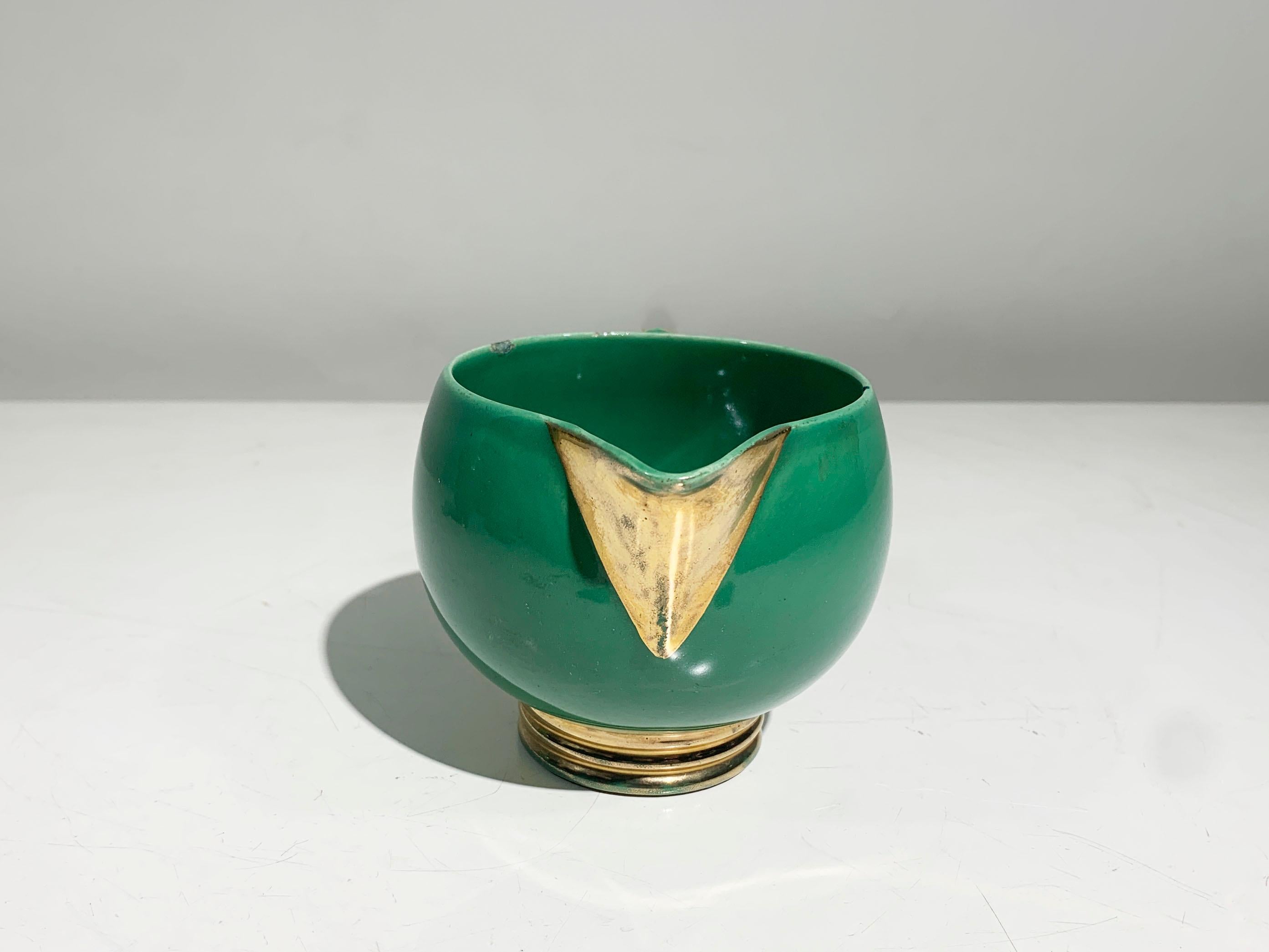 Juego de té Art Déco francés, porcelana esmaltada dorada y verde marcada Robj París en venta 2