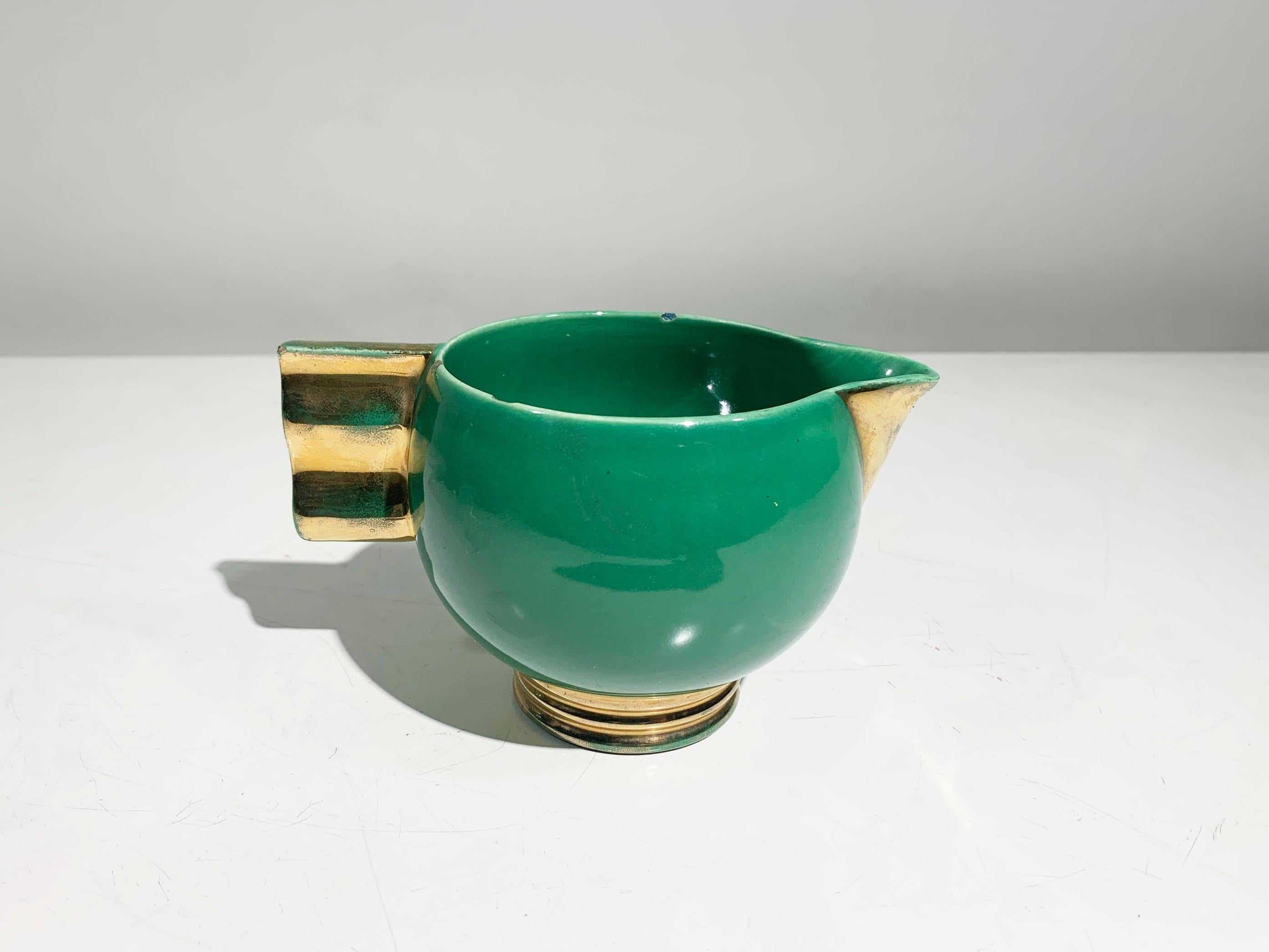 Juego de té Art Déco francés, porcelana esmaltada dorada y verde marcada Robj París en venta 3