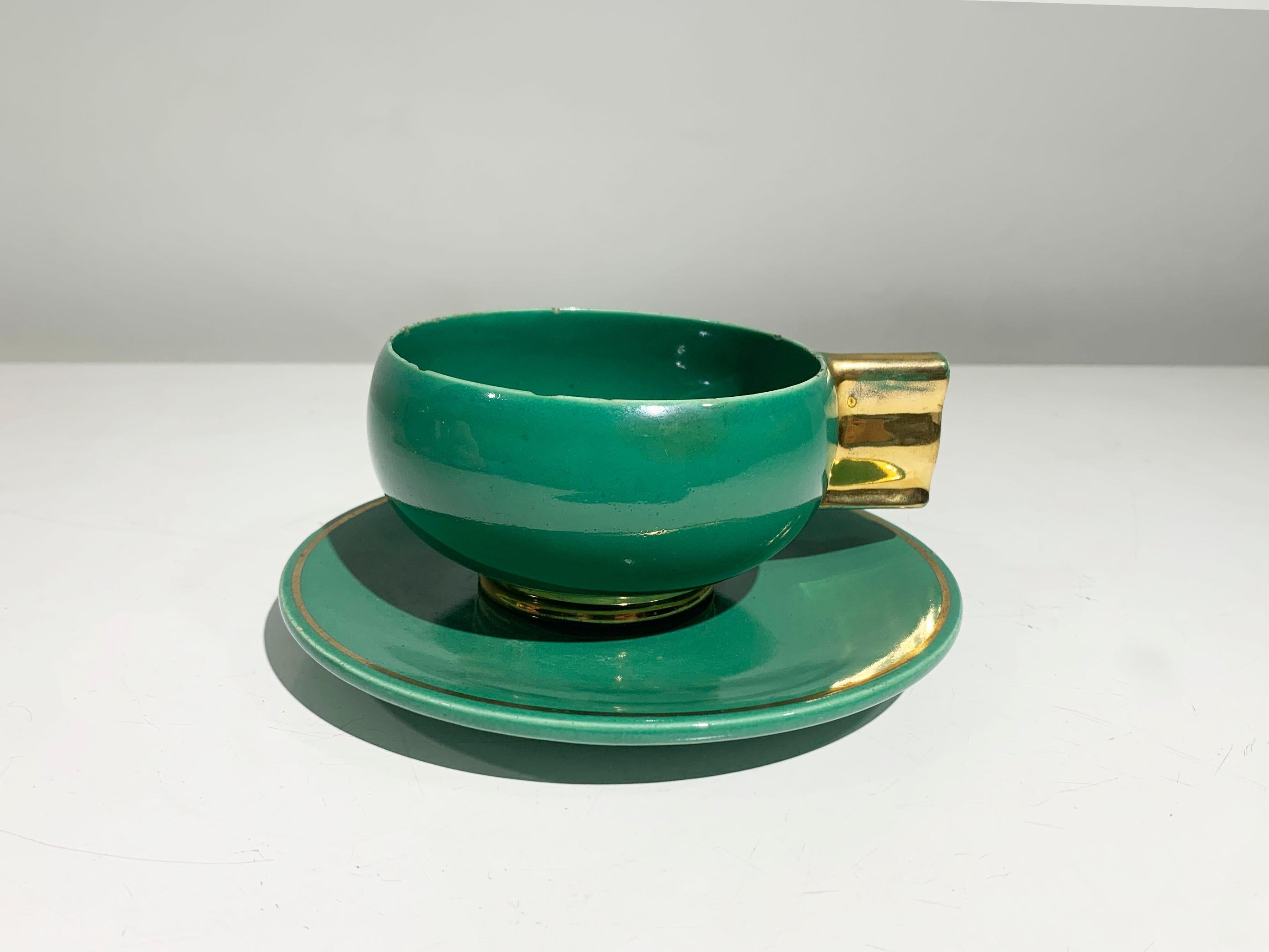 Juego de té Art Déco francés, porcelana esmaltada dorada y verde marcada Robj París en venta 6