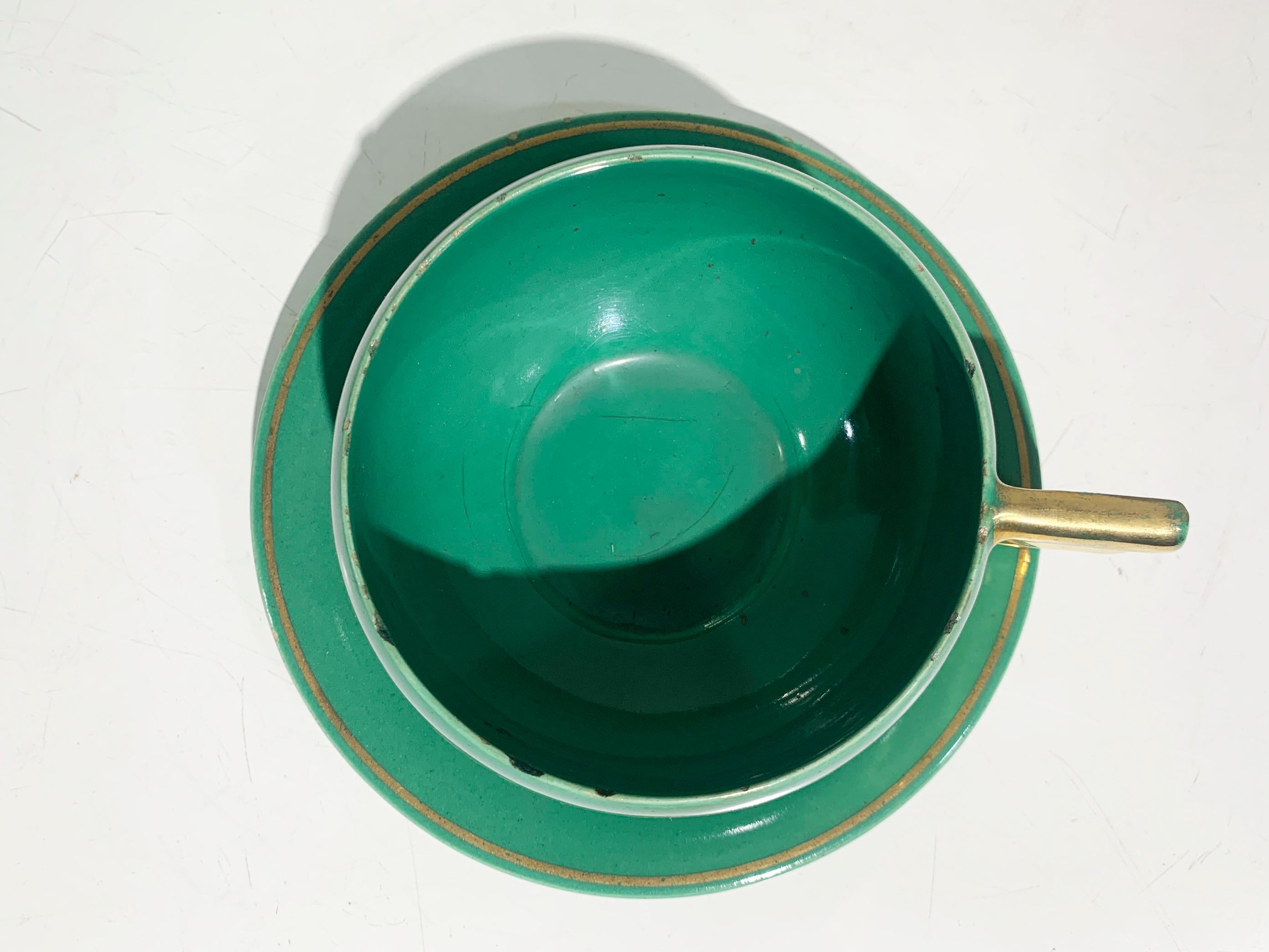 Juego de té Art Déco francés, porcelana esmaltada dorada y verde marcada Robj París en venta 7