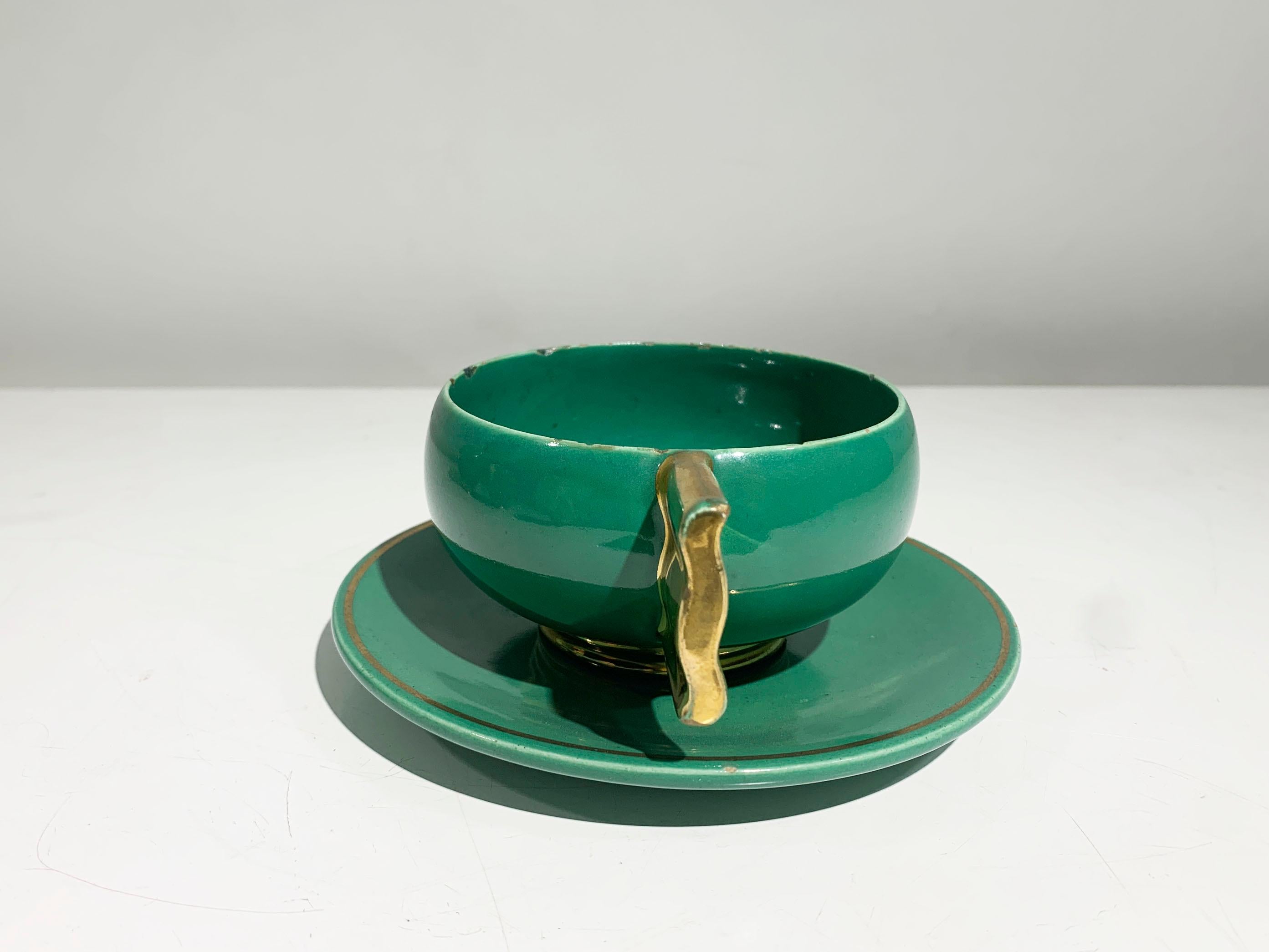 Juego de té Art Déco francés, porcelana esmaltada dorada y verde marcada Robj París en venta 8