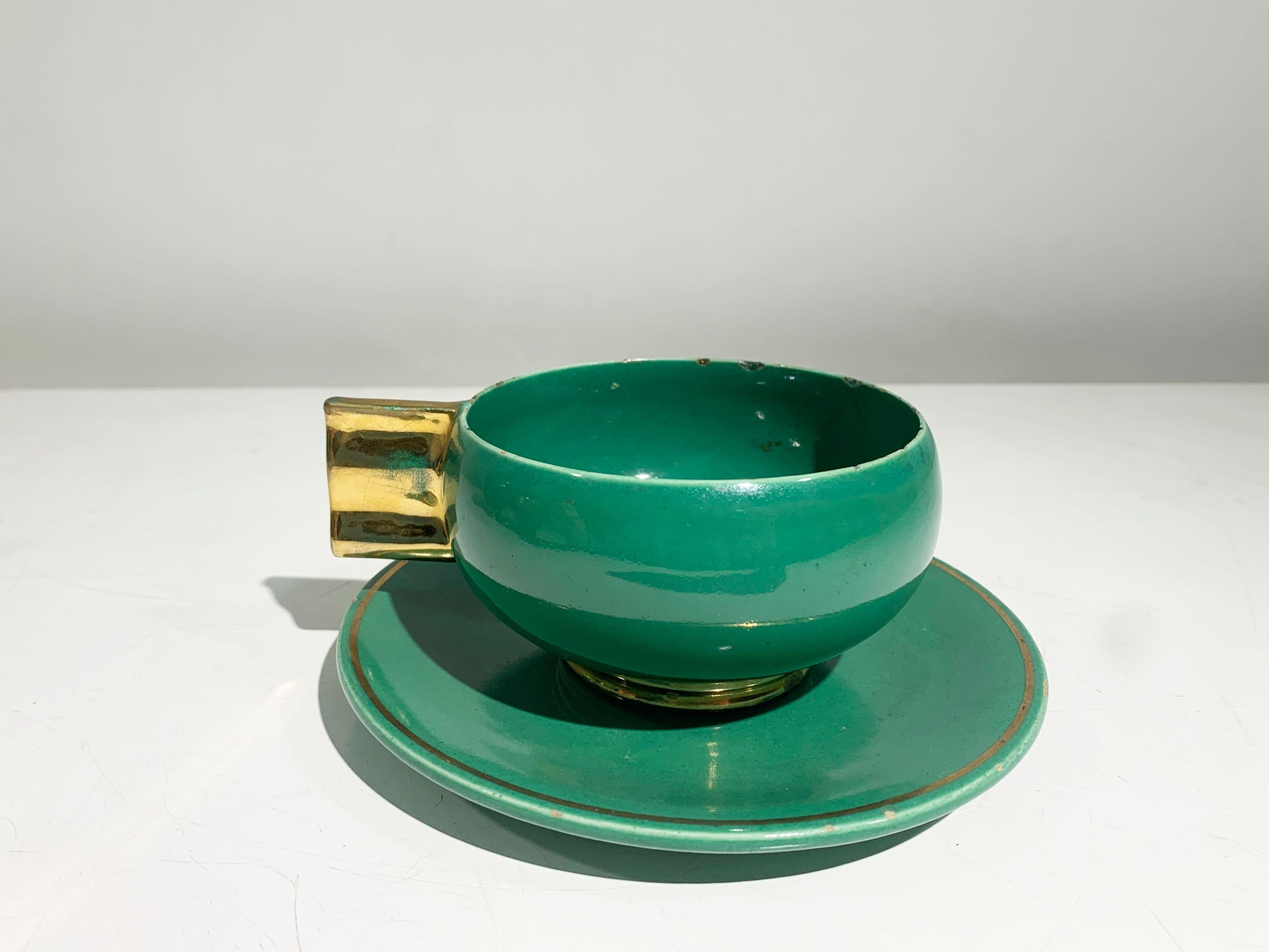 Juego de té Art Déco francés, porcelana esmaltada dorada y verde marcada Robj París en venta 9