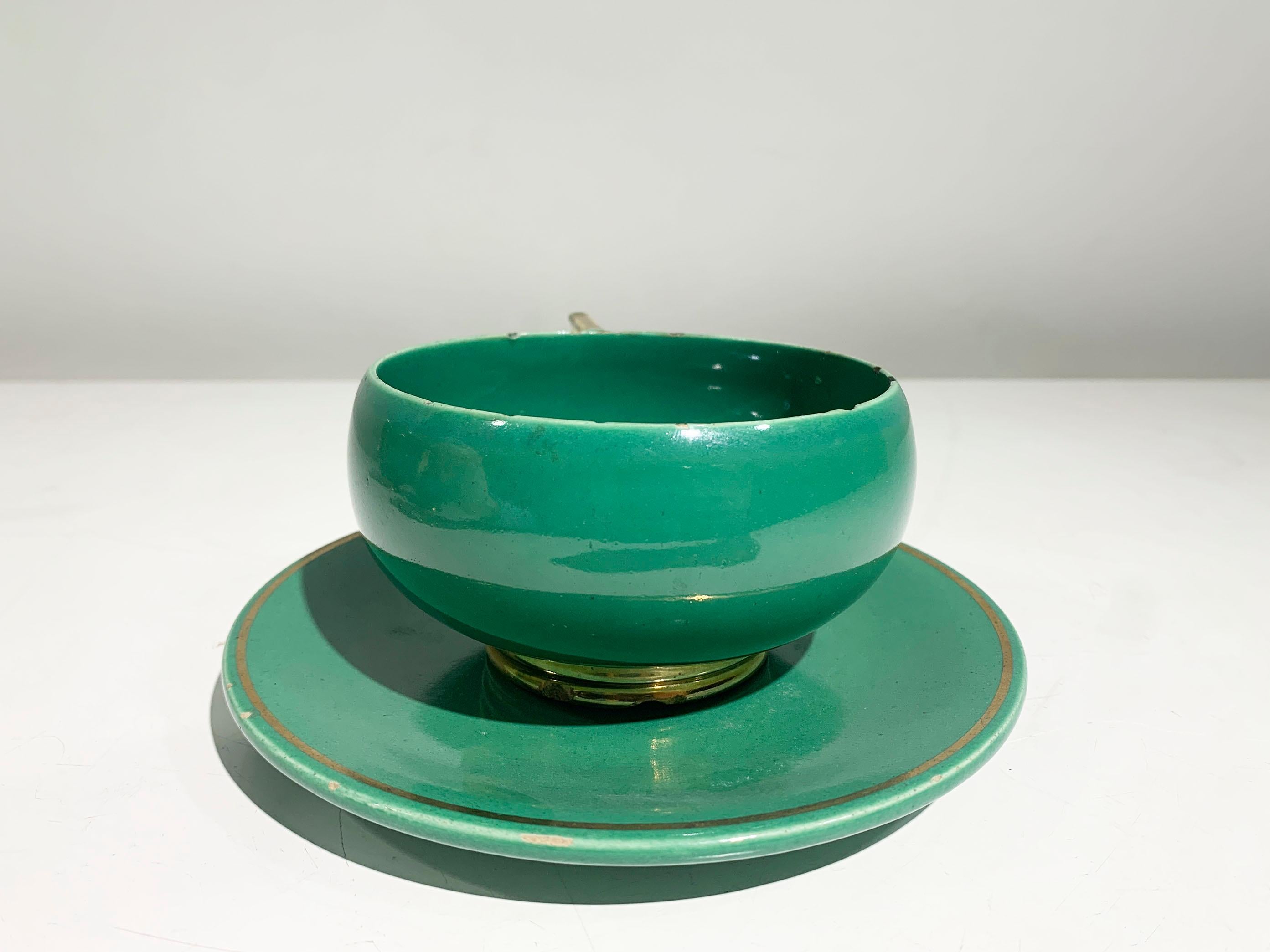 Juego de té Art Déco francés, porcelana esmaltada dorada y verde marcada Robj París en venta 10