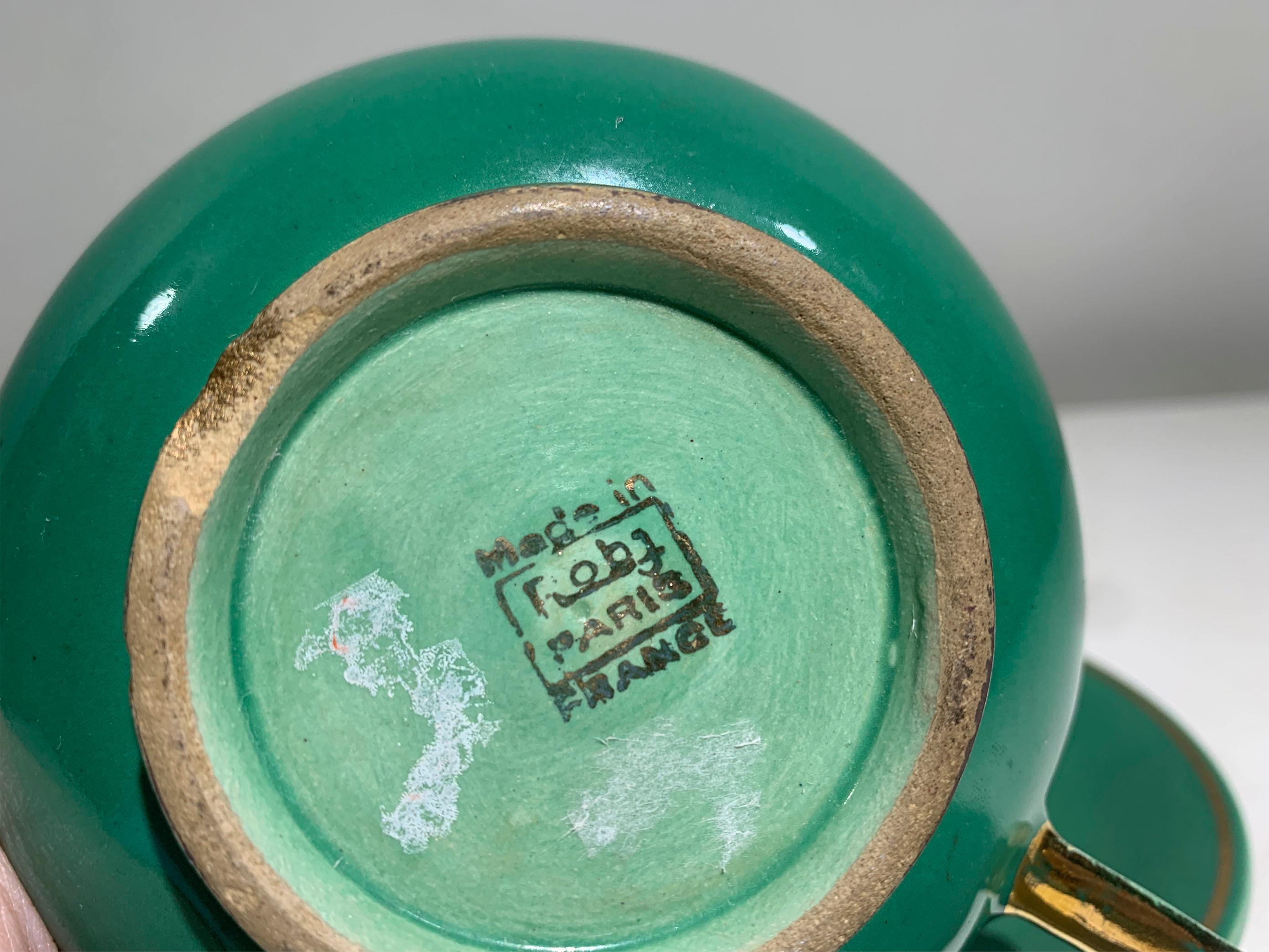Juego de té Art Déco francés, porcelana esmaltada dorada y verde marcada Robj París en venta 11
