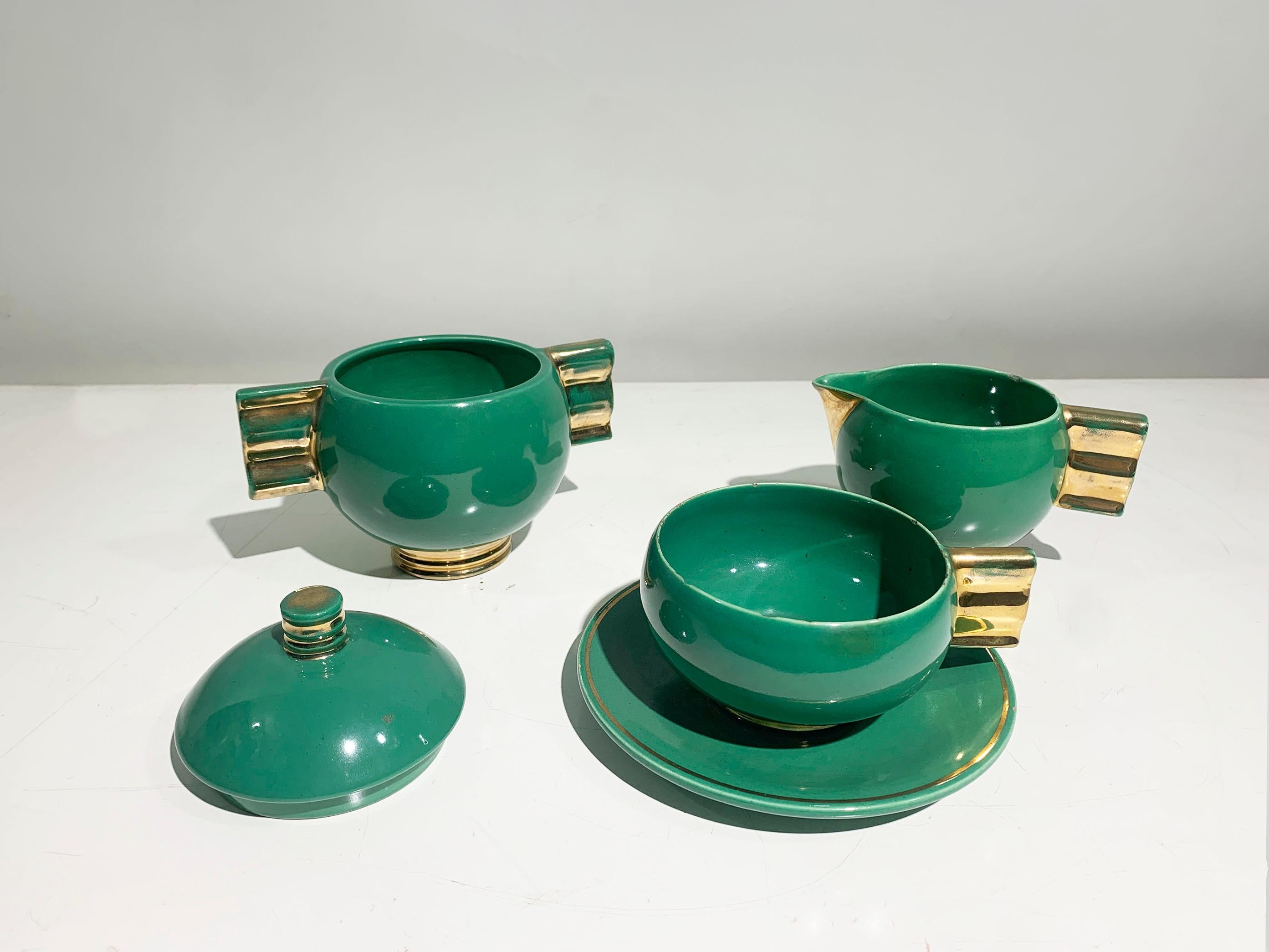 Juego de té Art Déco francés, porcelana esmaltada dorada y verde marcada Robj París Art Decó en venta
