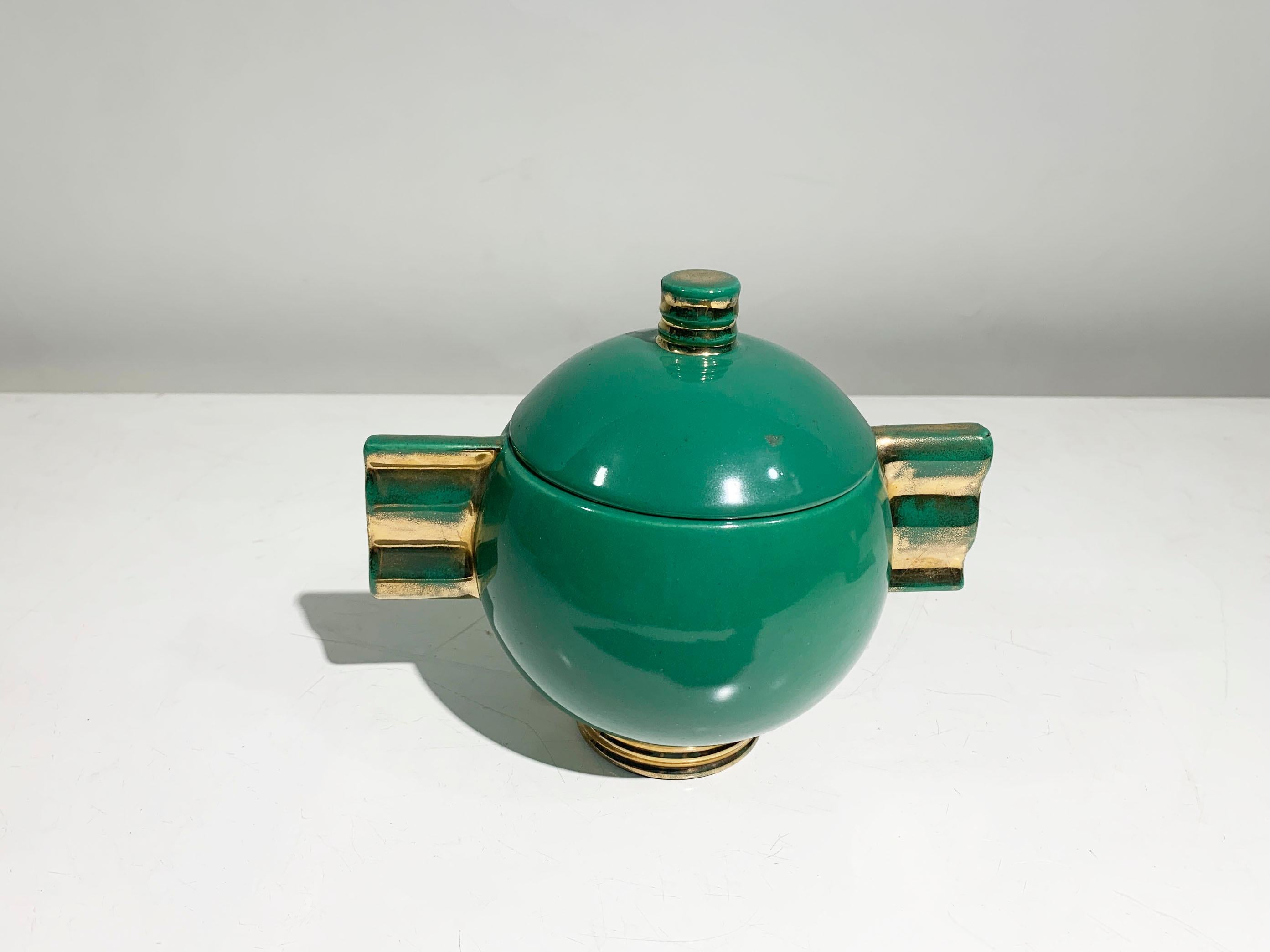 Juego de té Art Déco francés, porcelana esmaltada dorada y verde marcada Robj París Francés en venta