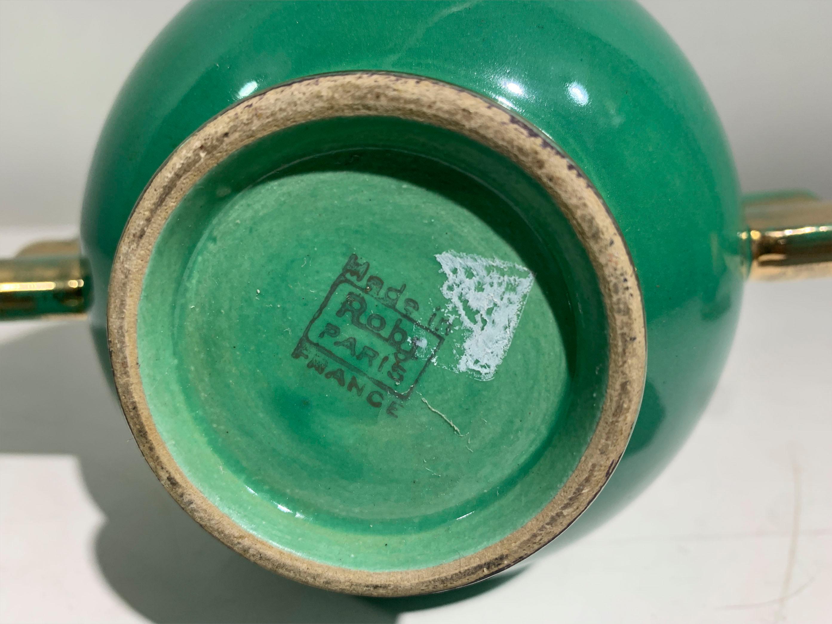 Juego de té Art Déco francés, porcelana esmaltada dorada y verde marcada Robj París Porcelana en venta