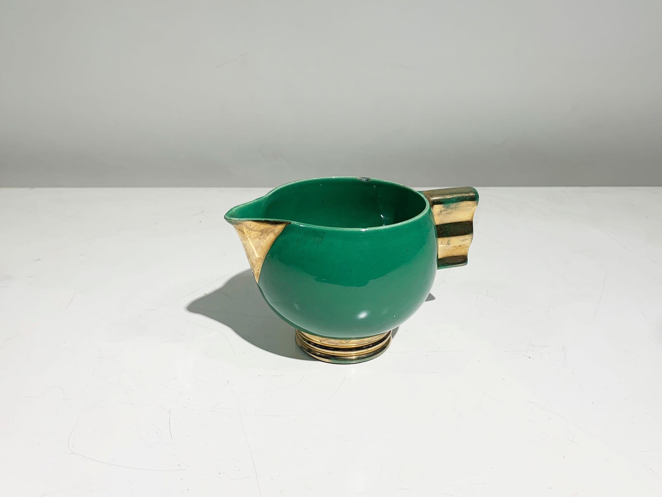 Juego de té Art Déco francés, porcelana esmaltada dorada y verde marcada Robj París en venta 1