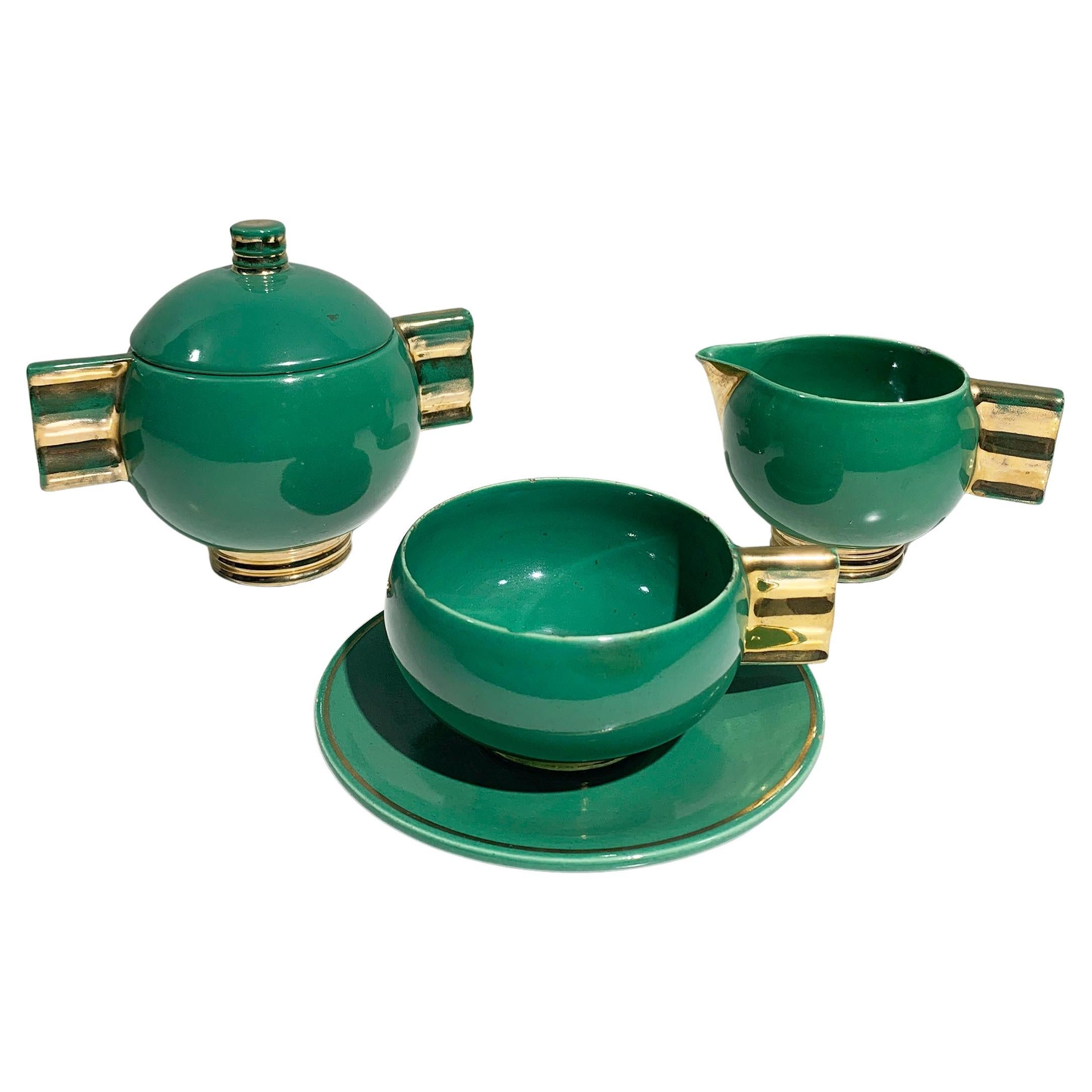 Service à thé Art déco français, porcelaine émaillée or et vert marqué Robj Paris