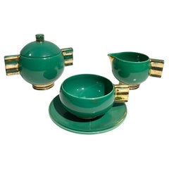 French Art Deco Tea Service Set, Gold & Green Glazed Porcelain marked Robj Paris