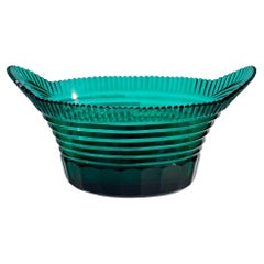 French Art Deco Teal Blue-Green Cut Glass Centerpiece Bowl