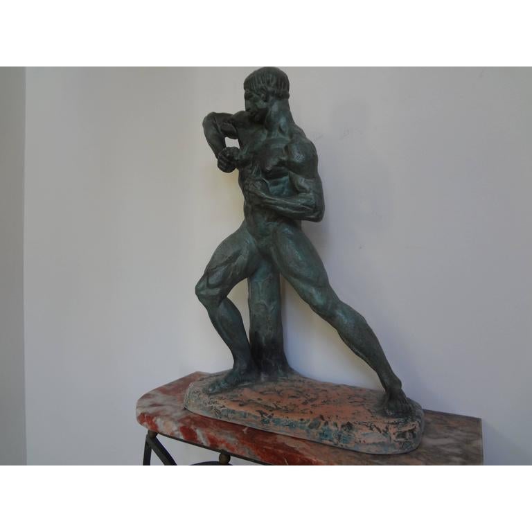 Mid-20th Century French Art Deco Terracotta Athlete Sculpture by Henri Bargas For Sale