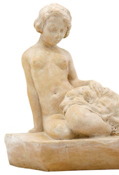 French Art Deco Terra Cotta Young Woman & Greyhound by Pacheco, ca.1930