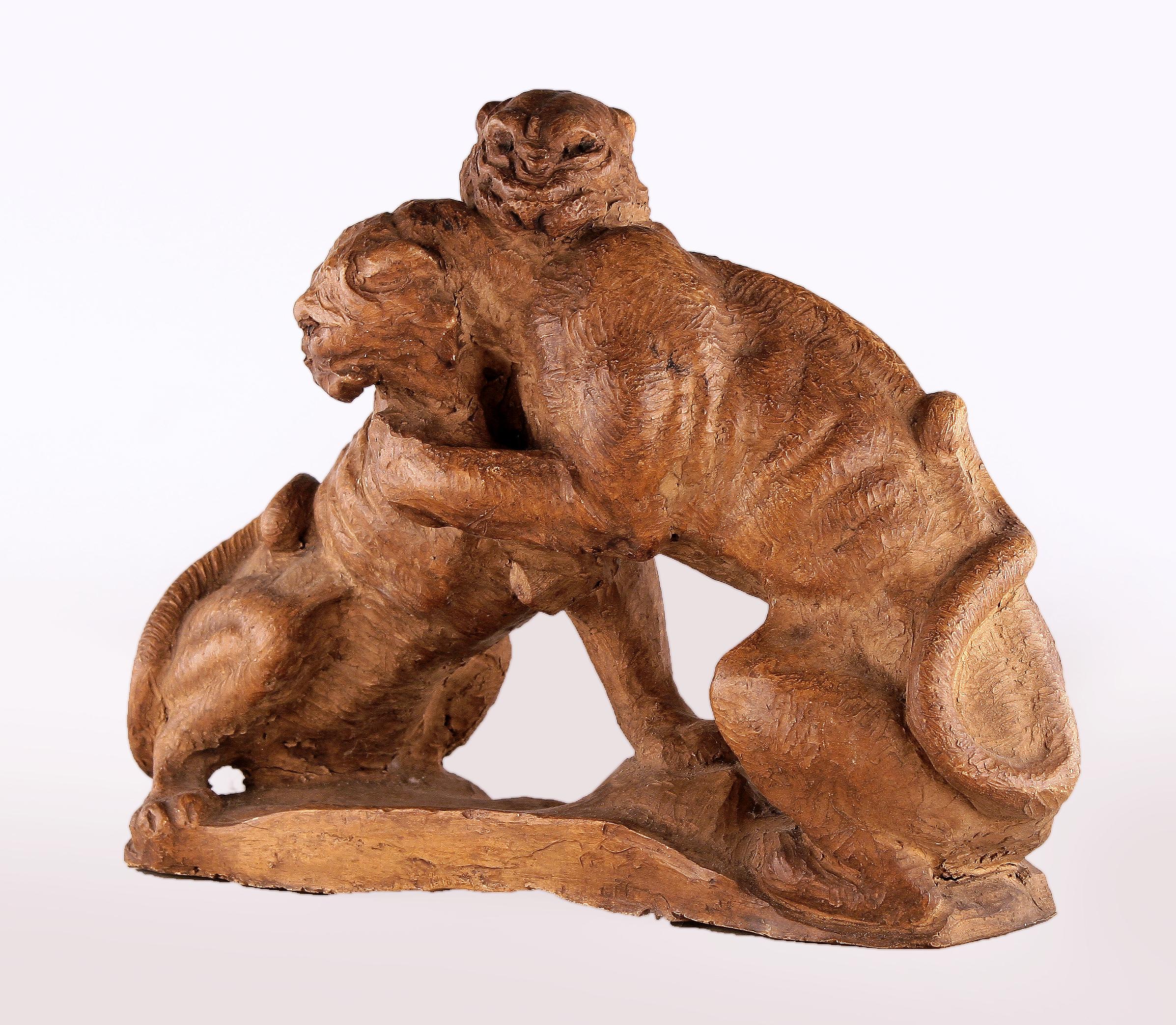 Art Deco French Art Déco Terracota Sculpture of a Couple of Felines/Panthers Fighting For Sale