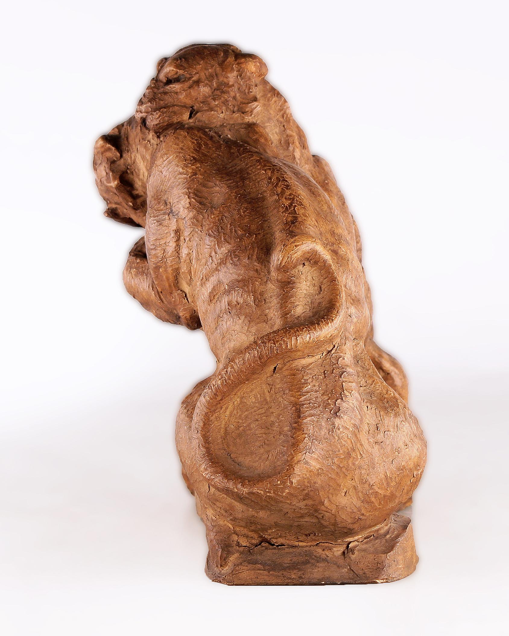 Carved French Art Déco Terracota Sculpture of a Couple of Felines/Panthers Fighting For Sale