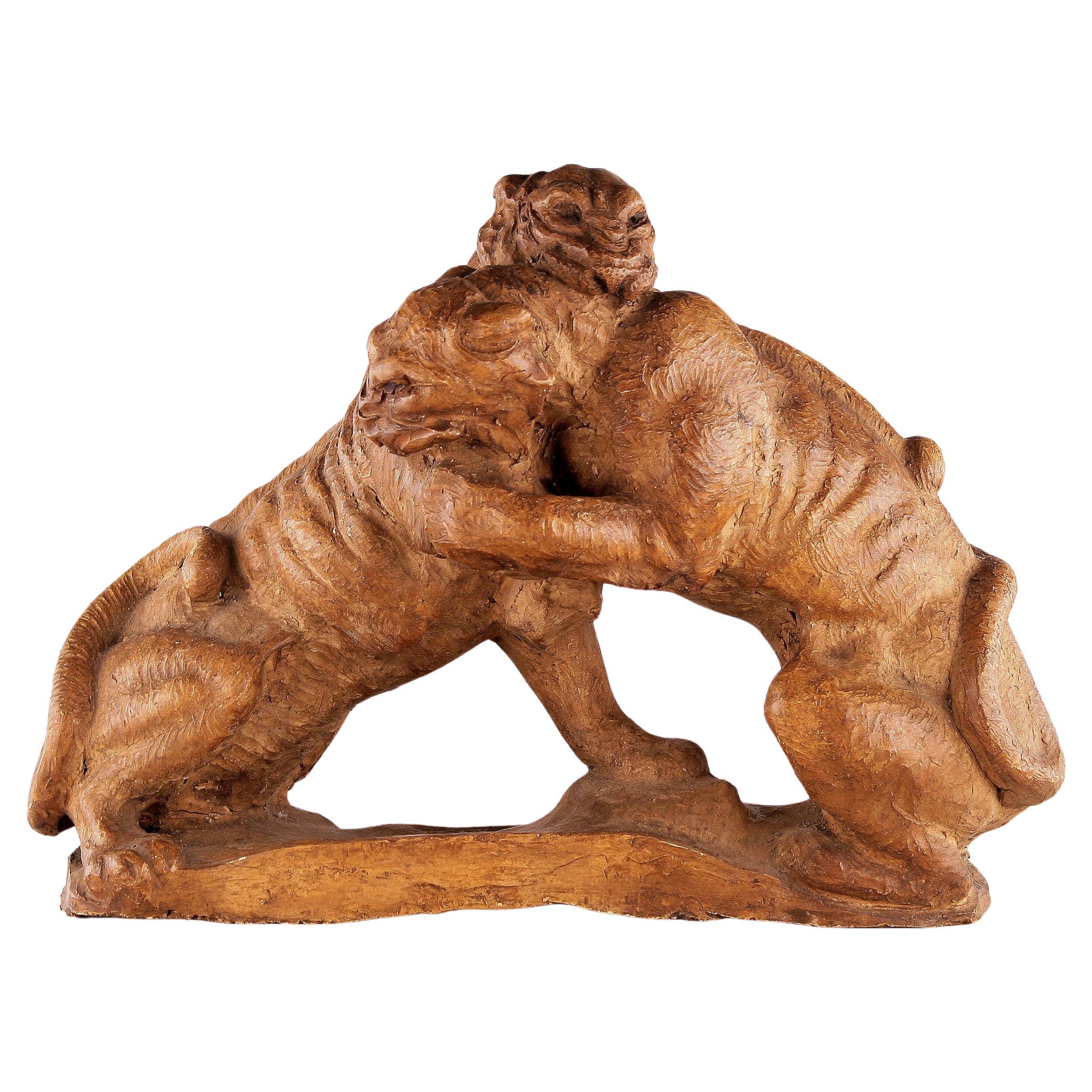 Sculpture Art Déco Terracota représentant un couple de félins/panthères en train de se battre