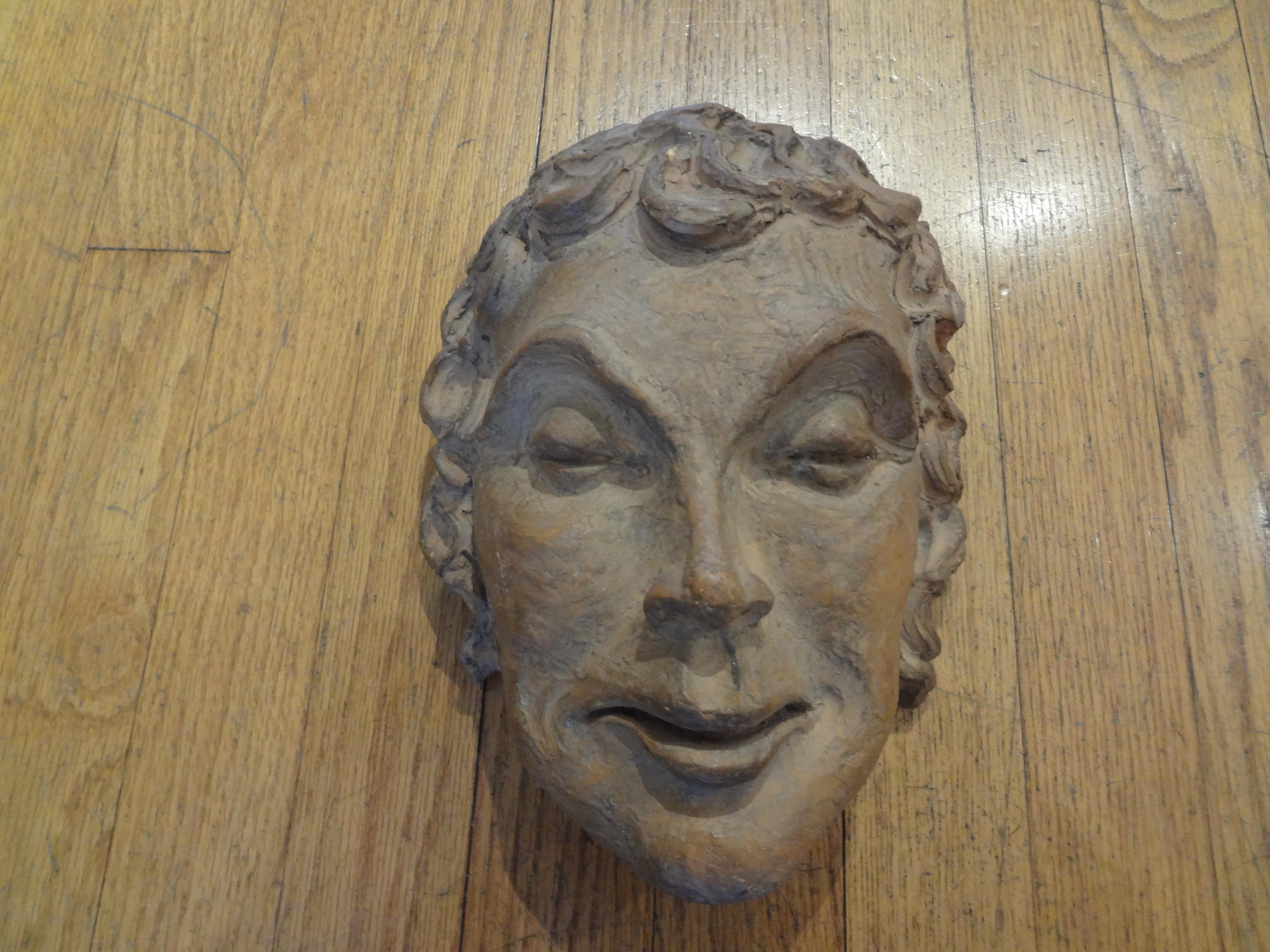 French Art Deco Terracotta Face Mask Sculpture In Good Condition For Sale In Houston, TX
