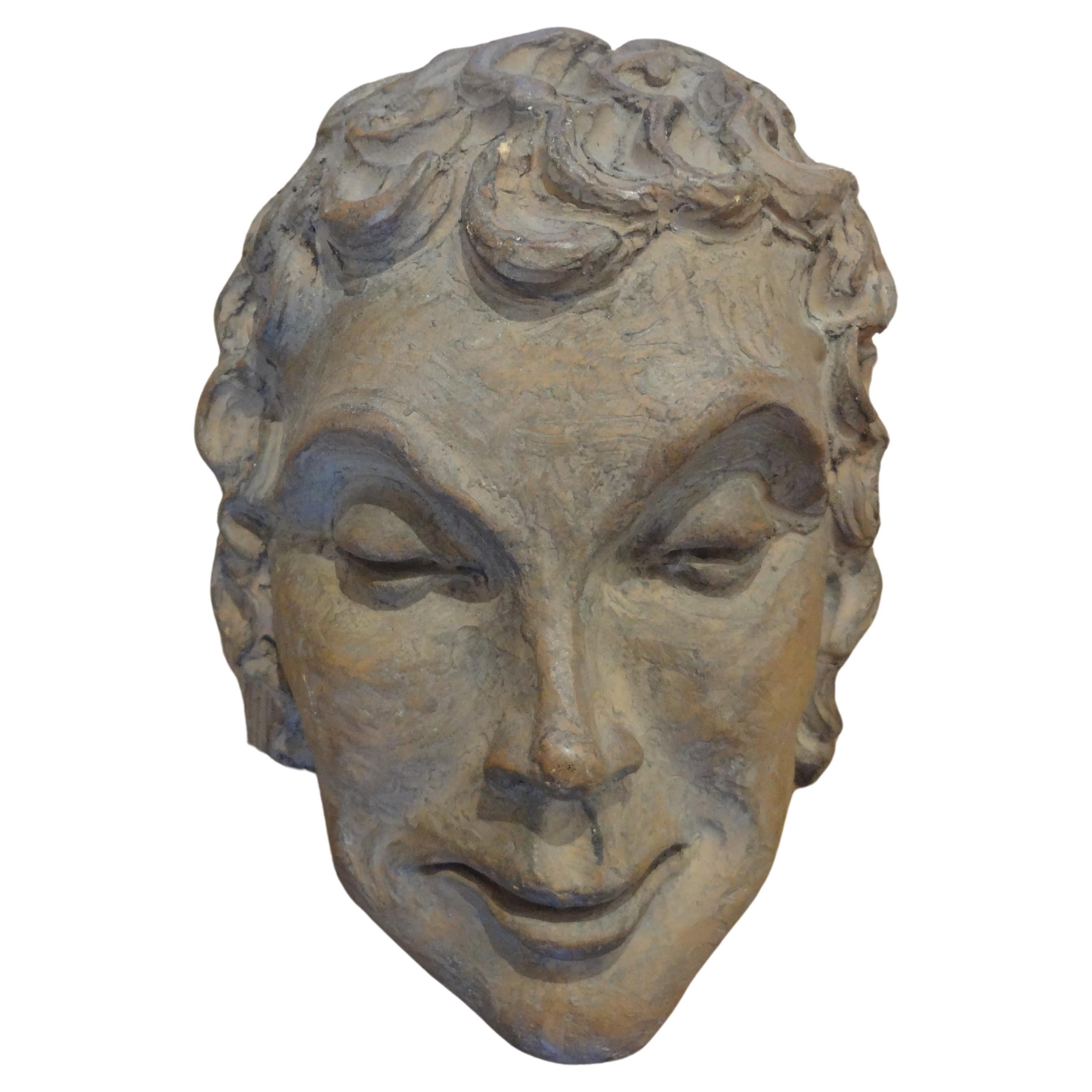 French Art Deco Terracotta Face Mask Sculpture For Sale
