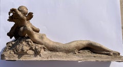 French Art Deco Terracotta Nude Female with Figure of Love by Ary Bitter