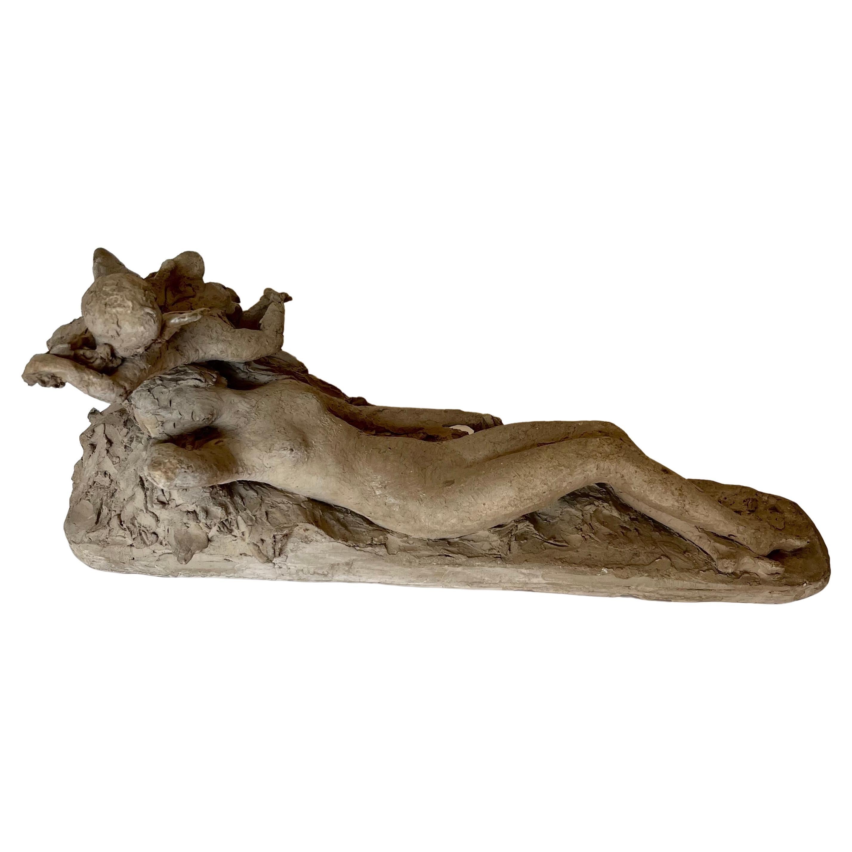 French Art Deco Terracotta Nude Female with Figure of Love by Ary Bitter