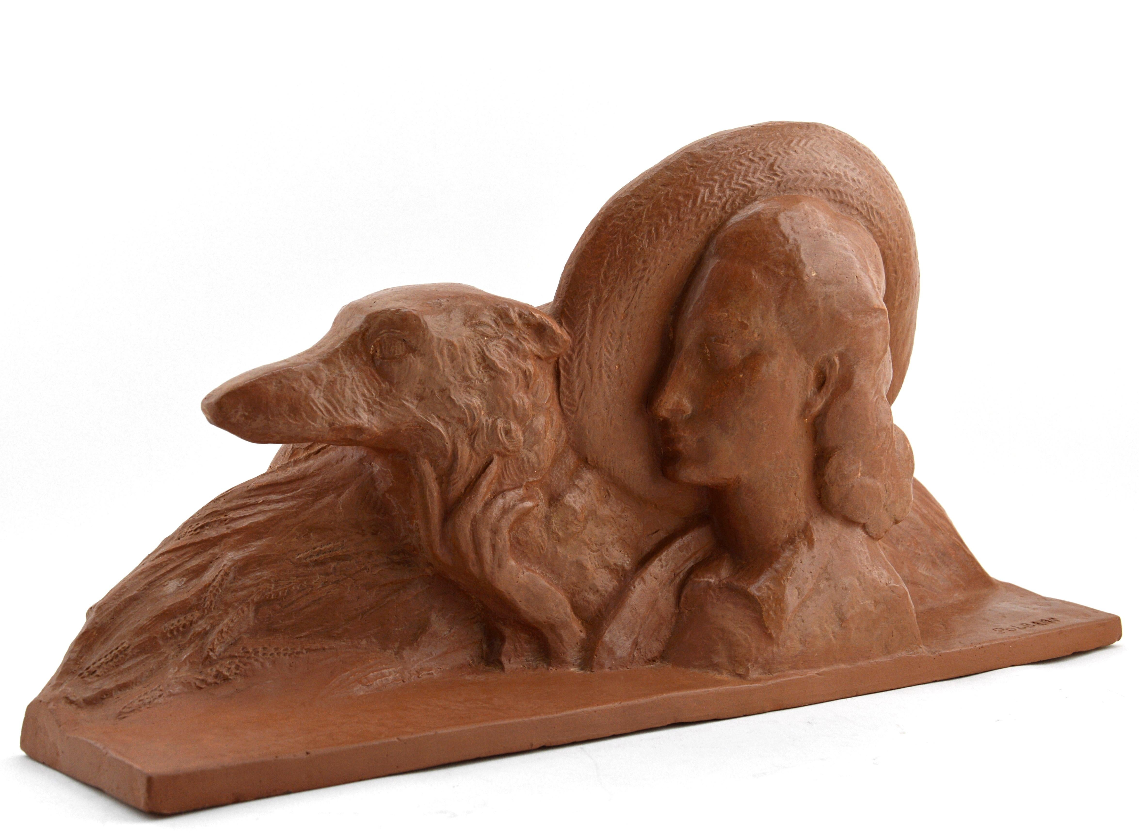 French Art Deco terracotta sculpture by Polbert, France, 1930s. Lady with a Greyhound. Measures: Width 16.5