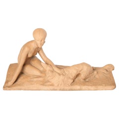 Art Deco Terracotta Sculpture of Woman with Dog by Georges Coste, 1930