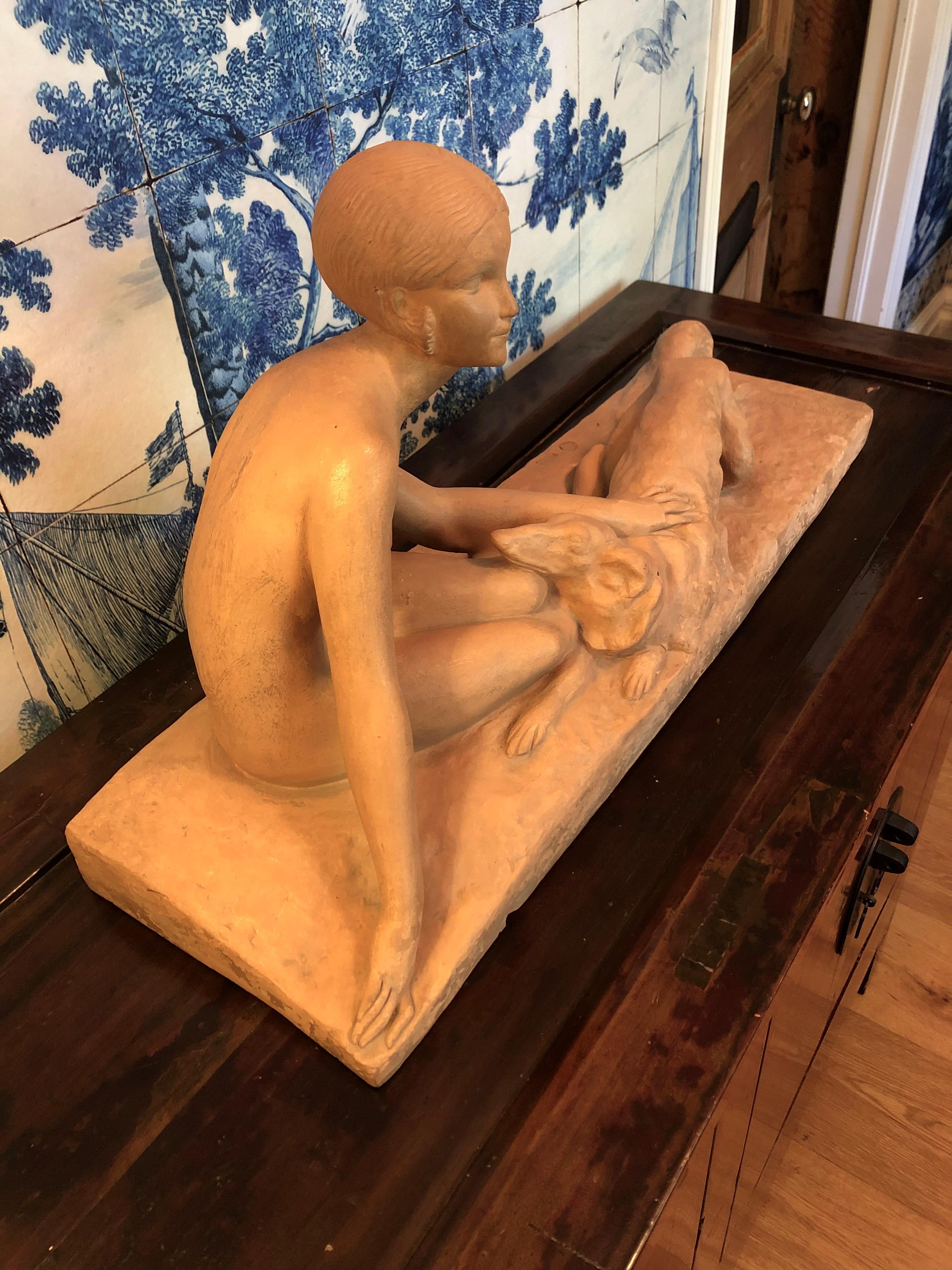 Mid-20th Century  French Art Deco Terracotta Sculpture of A Woman with a Dog,  by George Costes For Sale