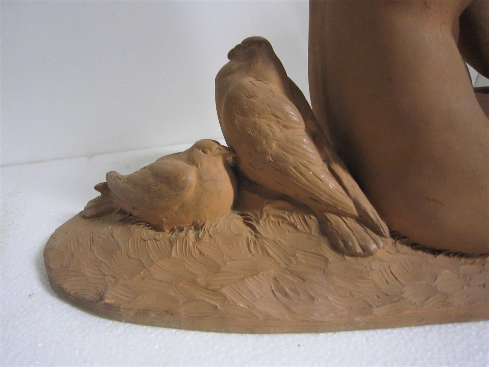French Art Deco Terracotta Seated Nude with Doves, Signed Lormier 8