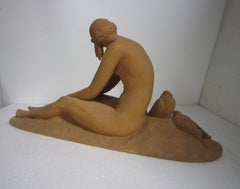 French Art Deco Terracotta Seated Nude with Doves, Signed Lormier