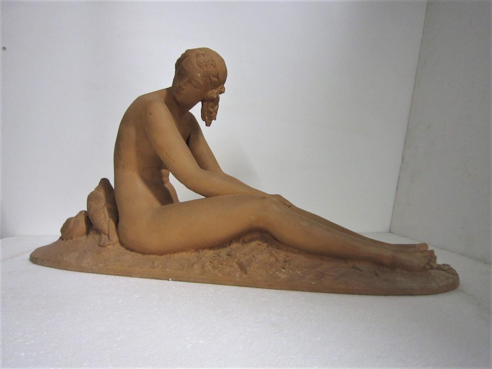 French Art Deco Terracotta Seated Nude with Doves, Signed Lormier 15