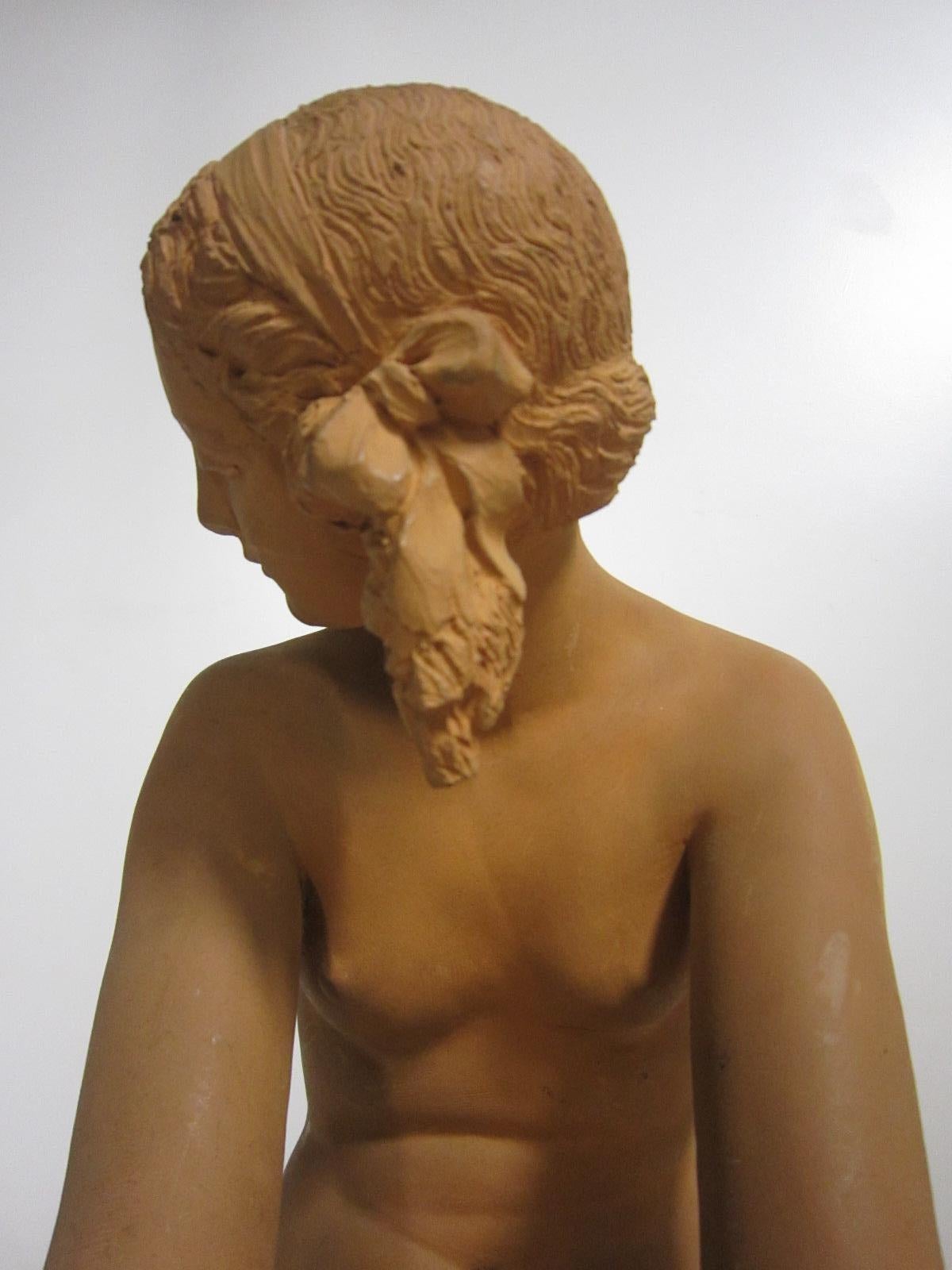 French Art Deco Terracotta Seated Nude with Doves, Signed Lormier 1