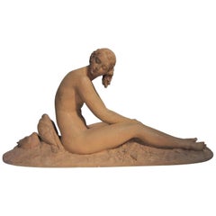 French Art Deco Terracotta Seated Nude with Doves, Signed Lormier