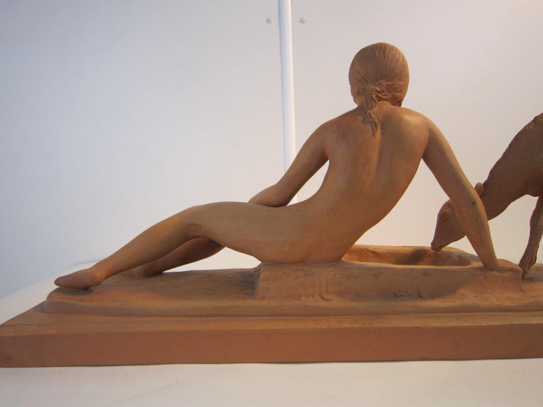 French Art Deco Terracotta Seated Nude with Fawn, Signed Ary Bitter For Sale 7